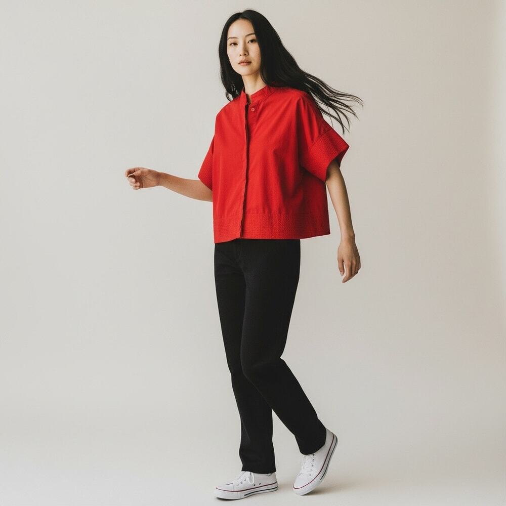 Tuckernuck Red Cotton Button Down Blouse XL Short Sleeve